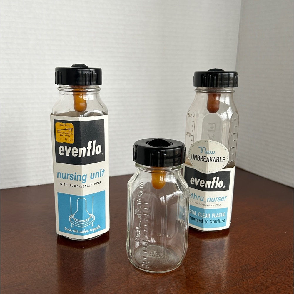 Three Vintage evenflo Baby Bottle Nursing Units (2 With Original Packaging)
